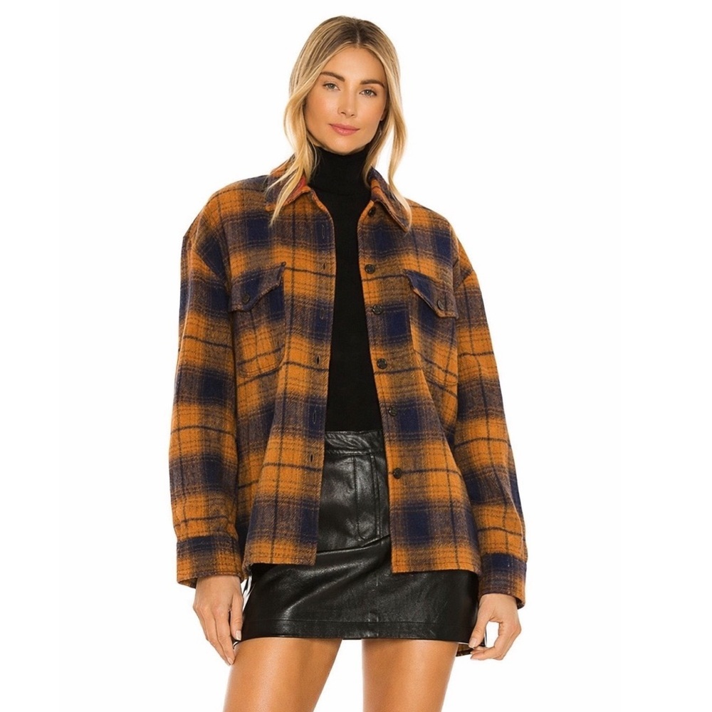 Amanda Uprichard Hollis Shirt Jacket In Navy Gold Plaid M